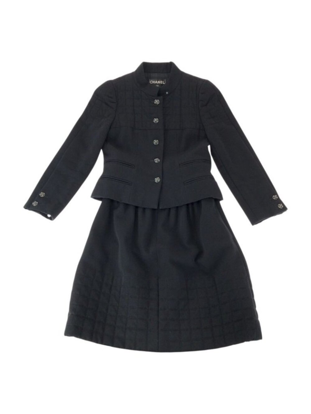 Chanel Quilted CC Logo Tan Karl Lagerfeld Work 36 Black Wool Jacket Skirt